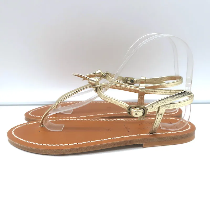 Doen x K.Jacques Cote T-Riemen Flache Sandalen Gold Metallic Leder Größe 39 NEU