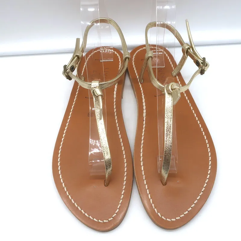Doen x K.Jacques Cote T-Riemen Flache Sandalen Gold Metallic Leder Größe 39 NEU
