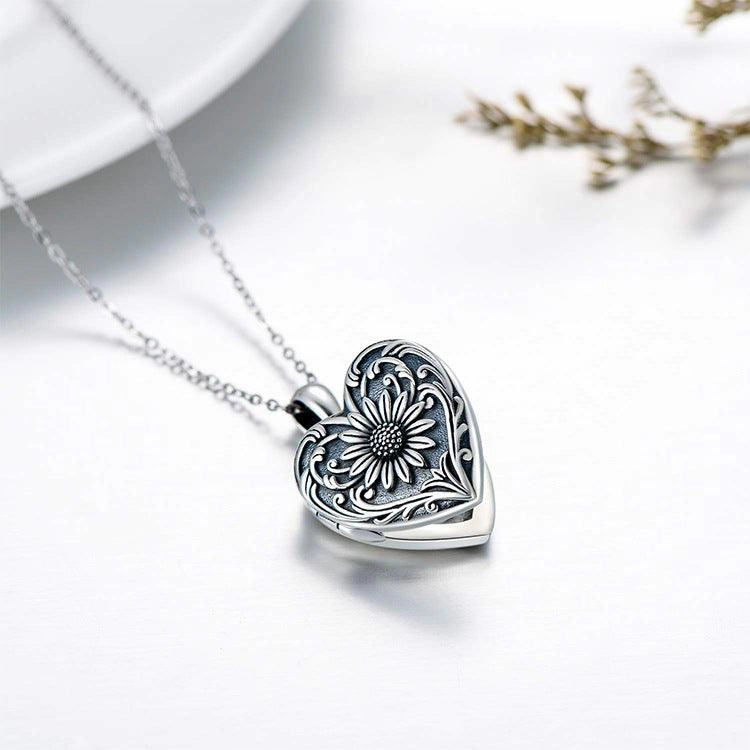 Double-sided Photo Couple Pendant Sunflower Carved Peach Heart Engraved Word Necklace