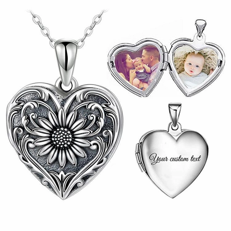 Double-sided Photo Couple Pendant Sunflower Carved Peach Heart Engraved Word Necklace