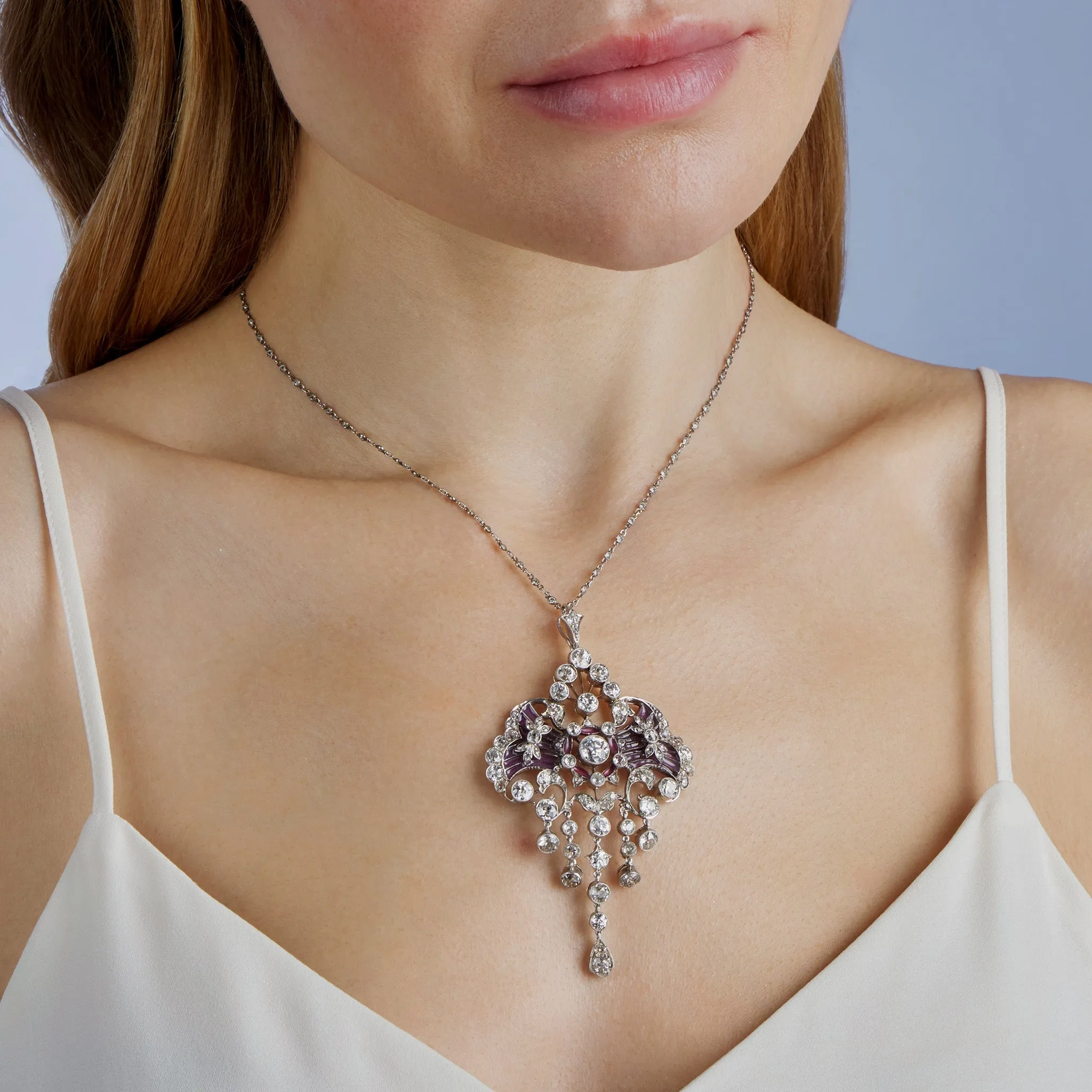 Edwardian Diamond and Plique-??-jour Enamel Pendant Necklace