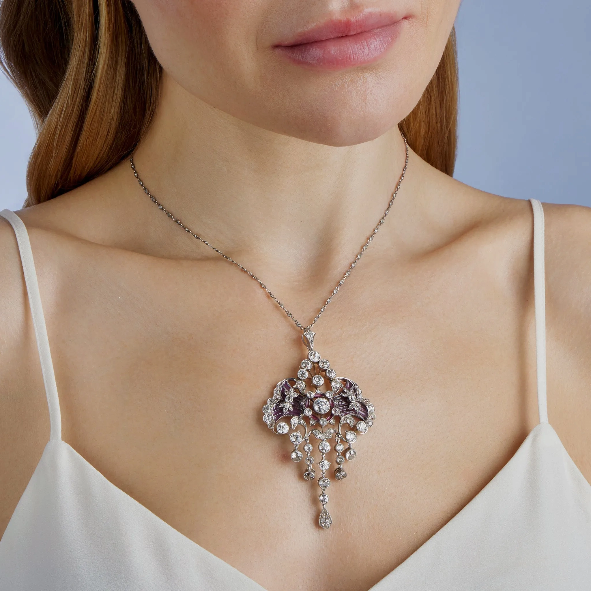 Edwardian Diamond and Plique-??-jour Enamel Pendant Necklace