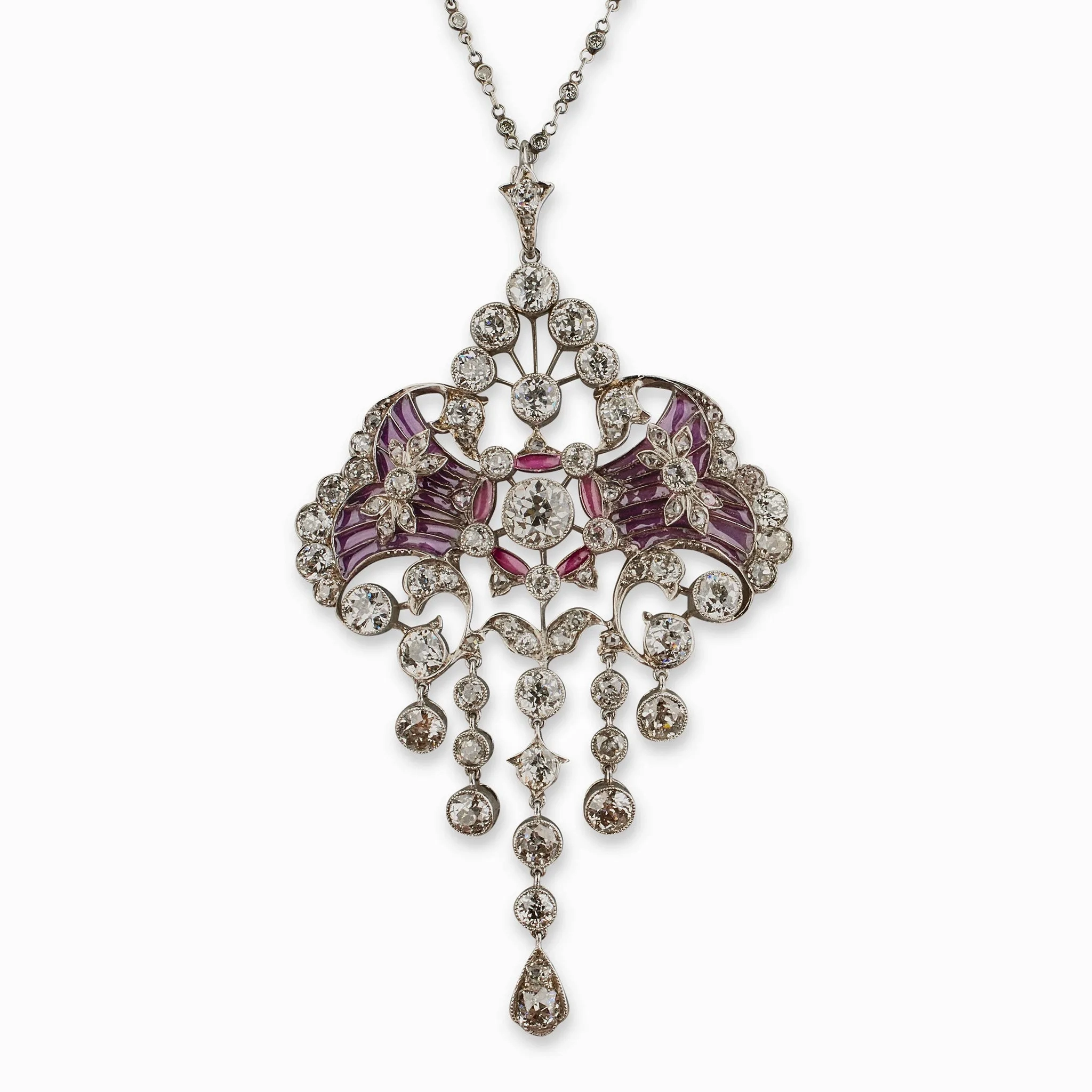 Edwardian Diamond and Plique-??-jour Enamel Pendant Necklace