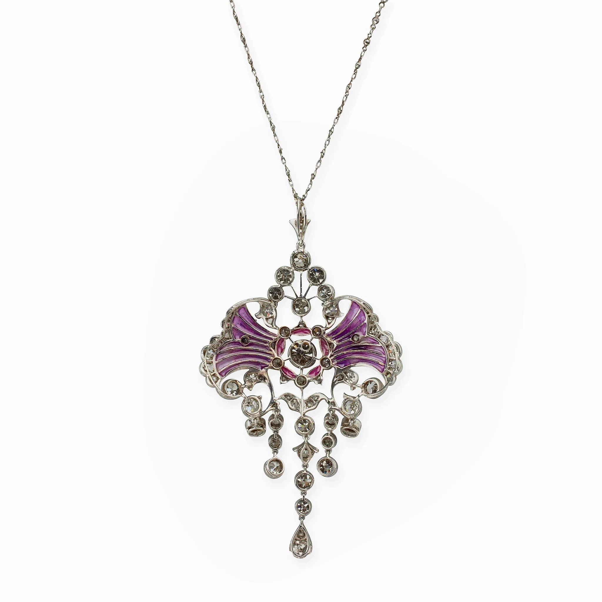 Edwardian Diamond and Plique-??-jour Enamel Pendant Necklace