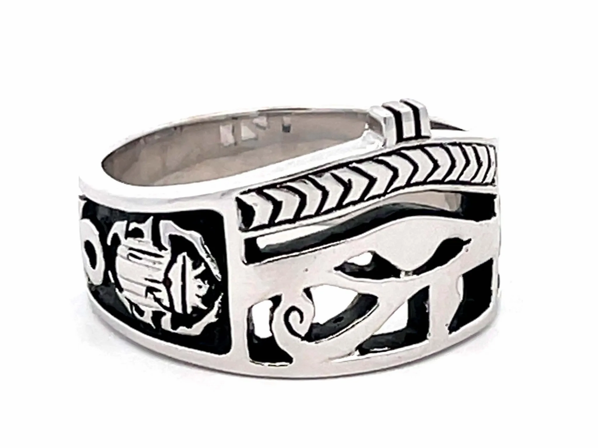 Egyptian Eye of Horus Ankh Cross Ring in 18k White Gold