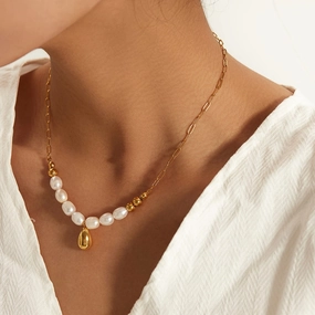 Elegant Pearl Pendant Necklace with Gold Drop 