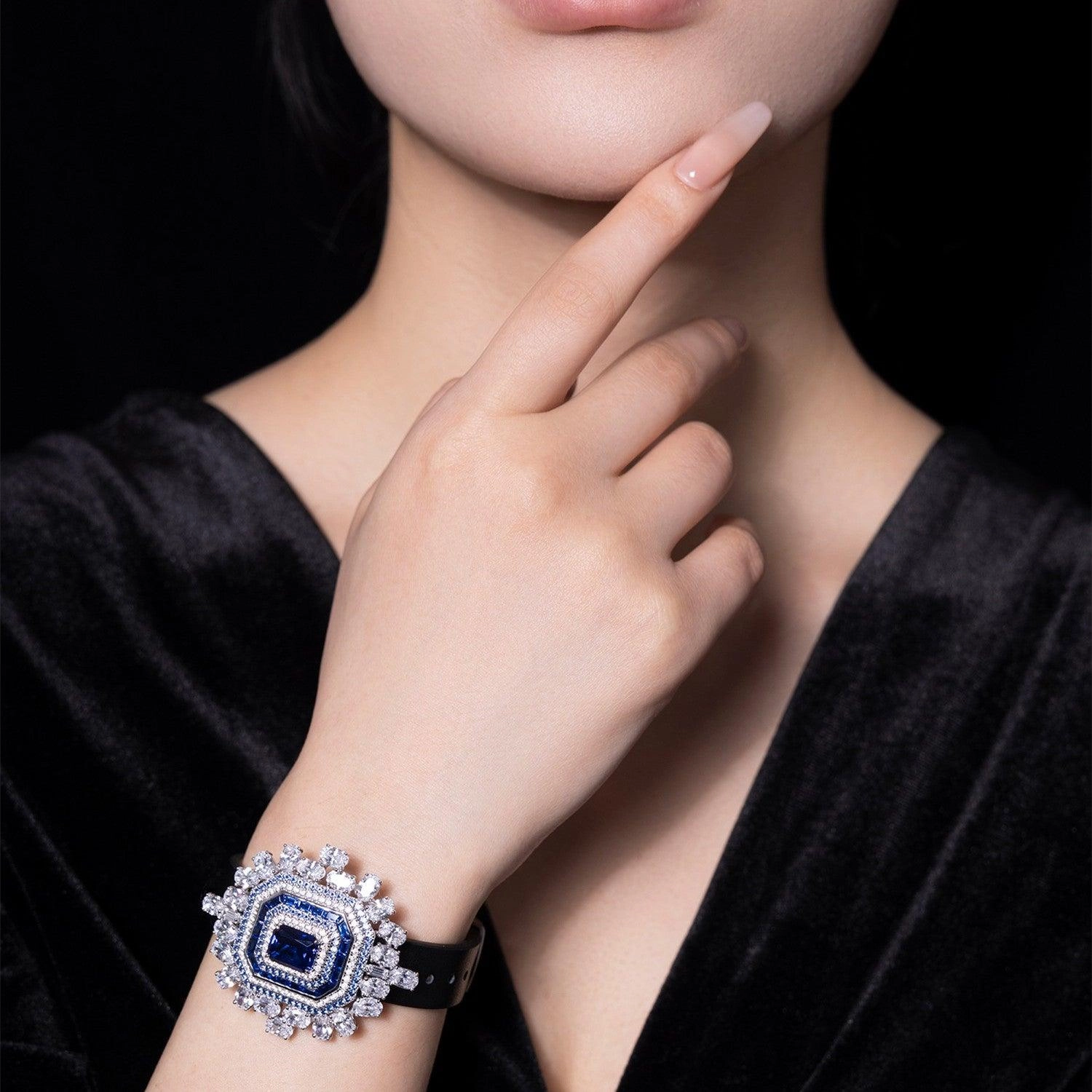 Elegant Sapphire And Diamond Watch With Necklace