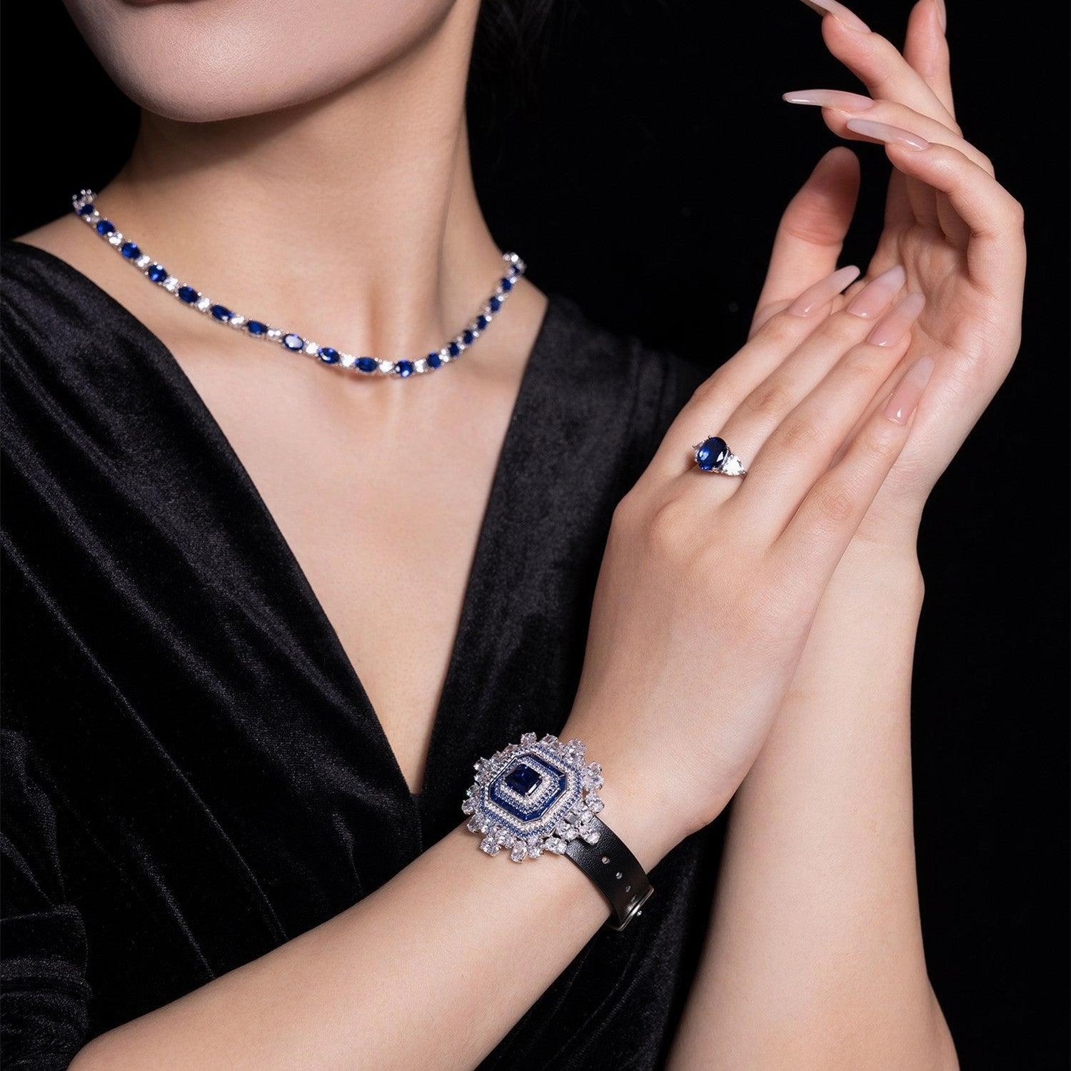 Elegant Sapphire And Diamond Watch With Necklace 