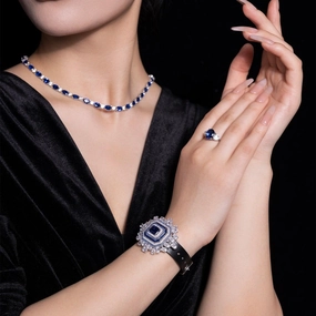 Elegant Sapphire And Diamond Watch With Necklace 