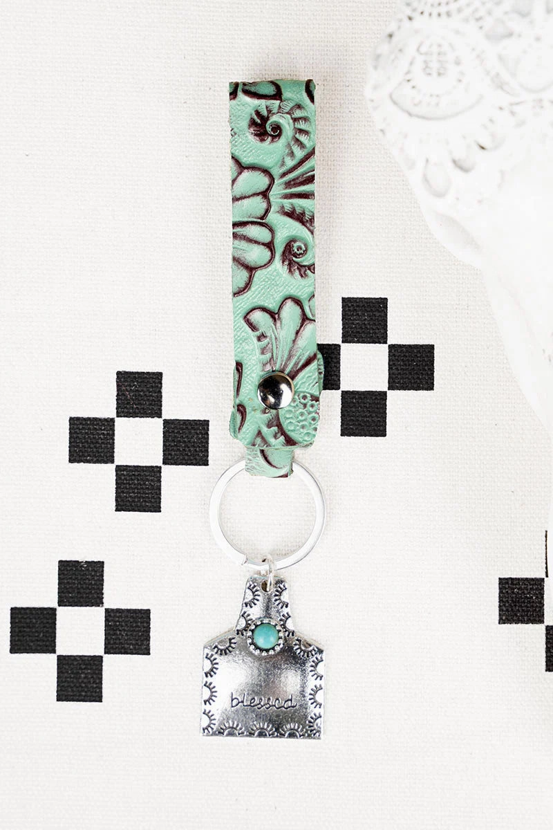 Embossed Turquoise "Blessed" Cattletag Keychain texture-rose-gold  