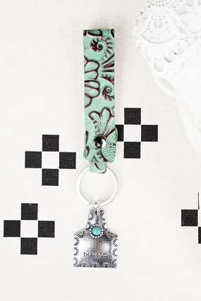 Embossed Turquoise "Blessed" Cattletag Keychain texture-rose-gold  