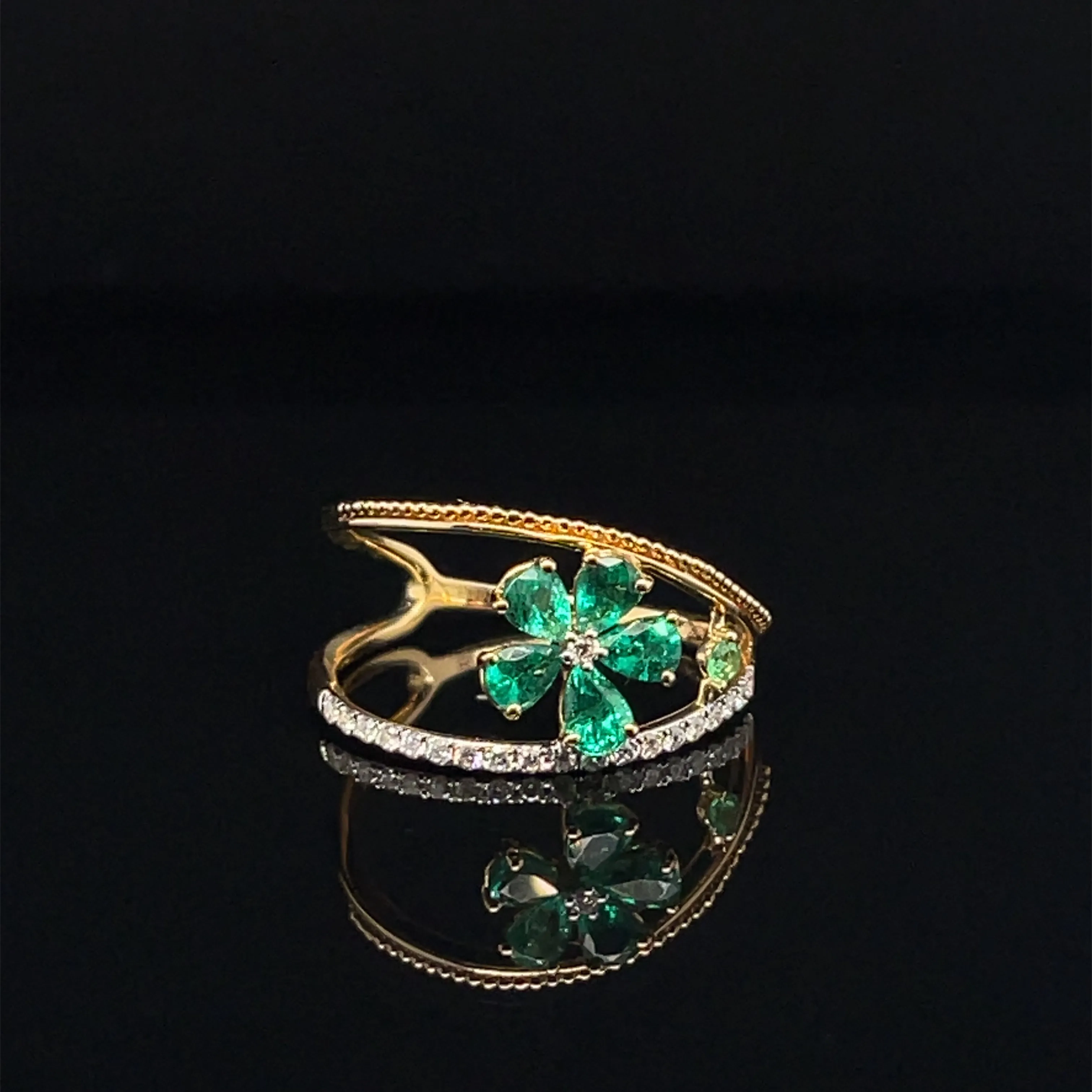 Emerald &amp; Tsavorite, Diamond Orbital Split Ring in 18k Two-Tone Gold - #514 - HREME001081