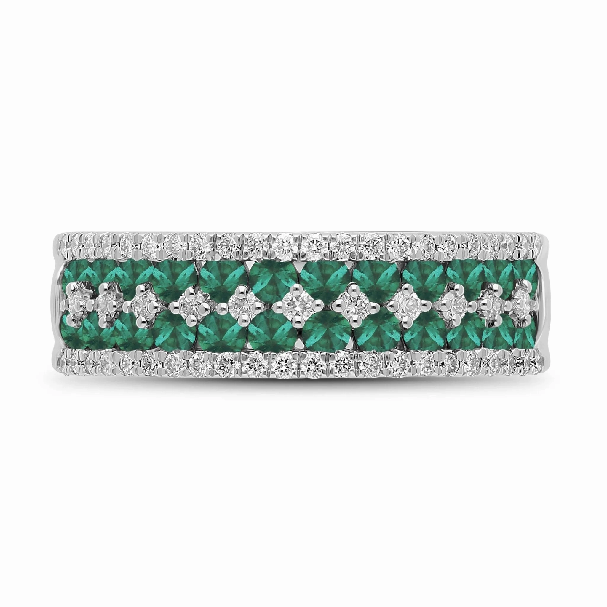 Emerald Round and Diamond Band Ring - WG