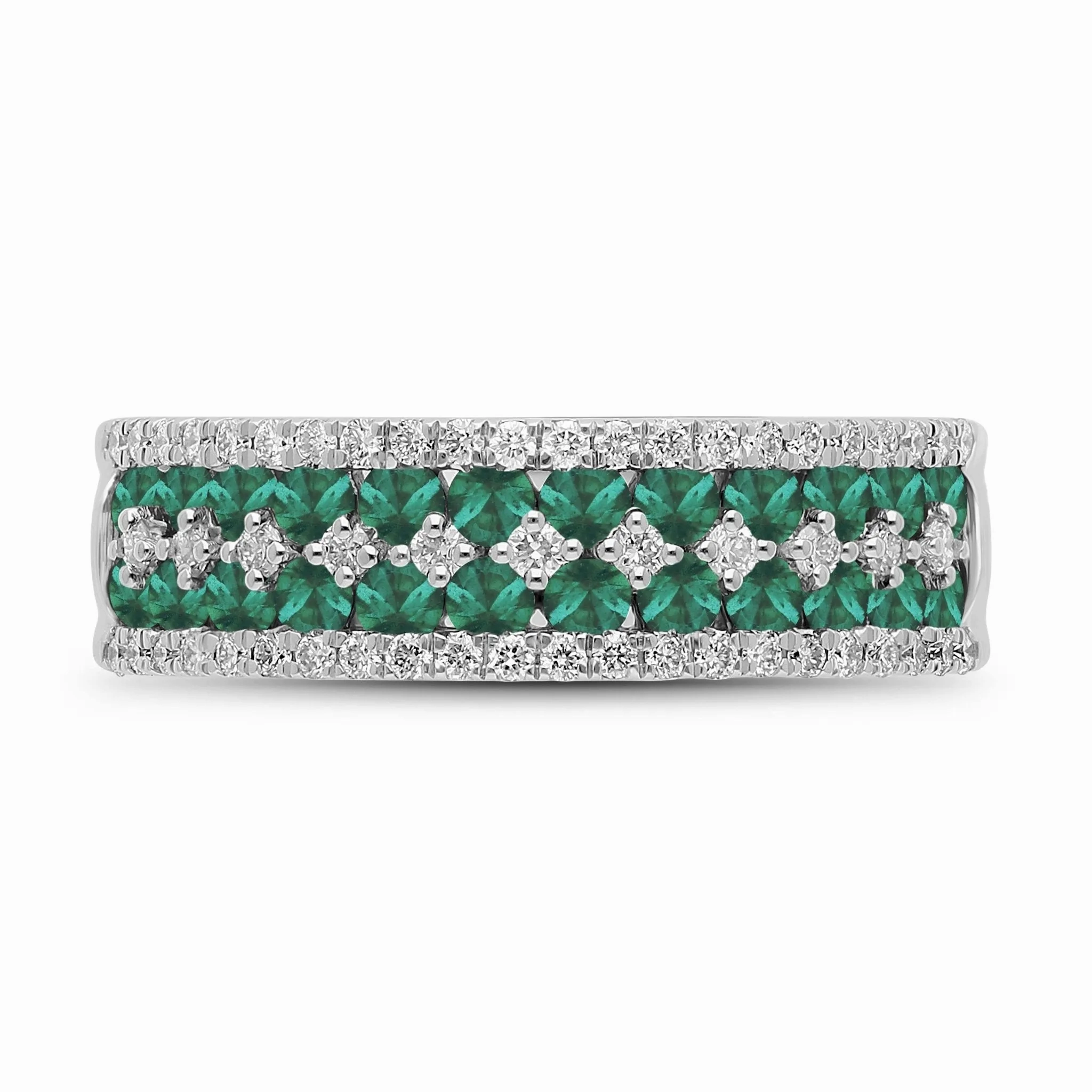 Emerald Round and Diamond Band Ring - WG