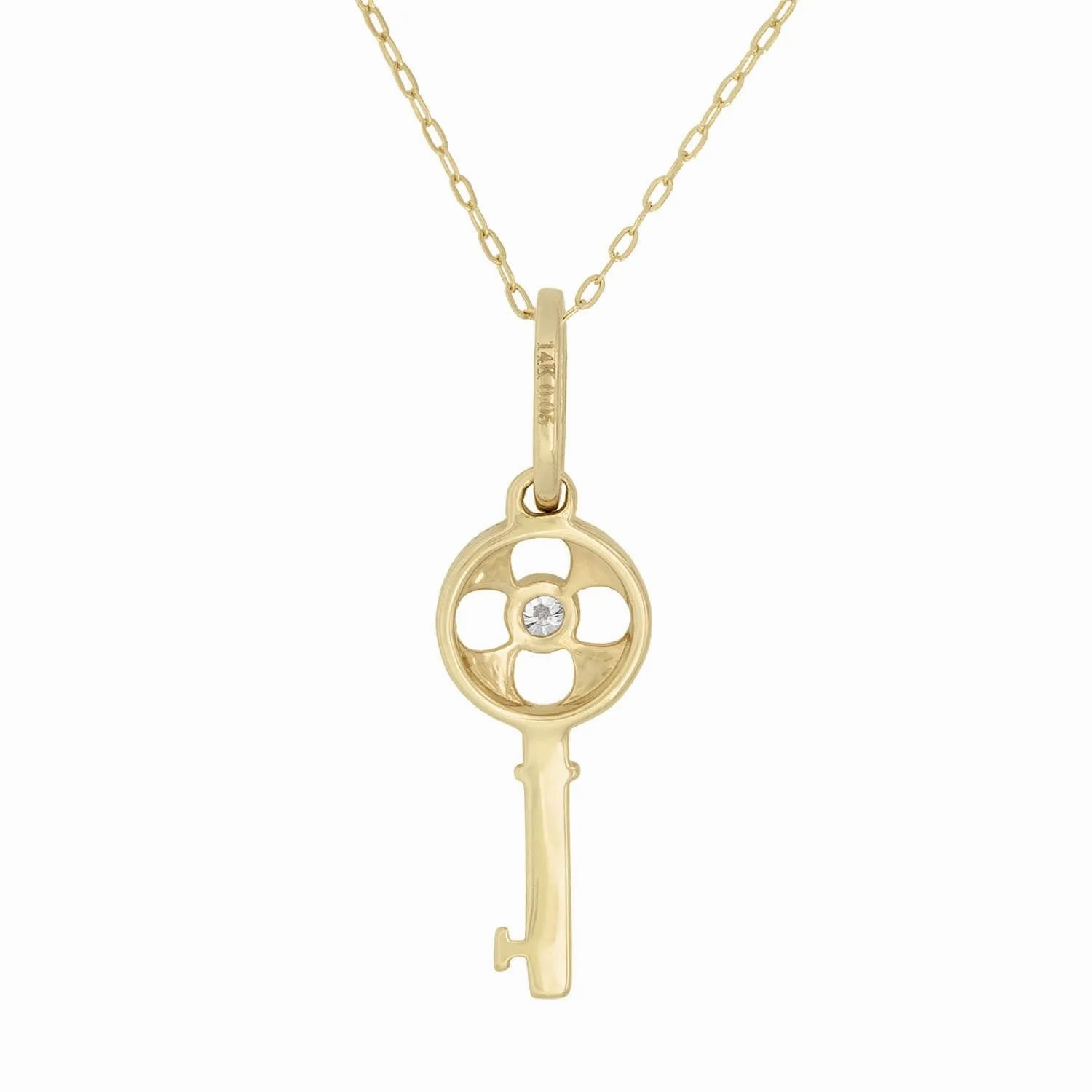 Estate 14k Diamond Four Leaf Clover Key Charm Necklace