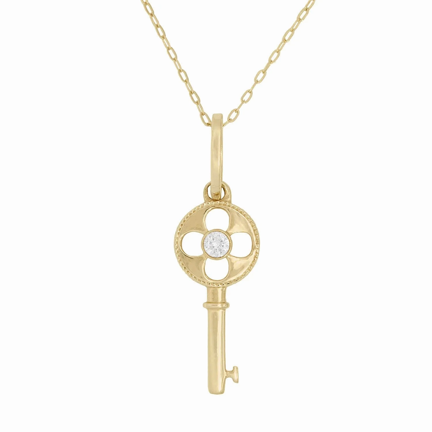 Estate 14k Diamond Four Leaf Clover Key Charm Necklace