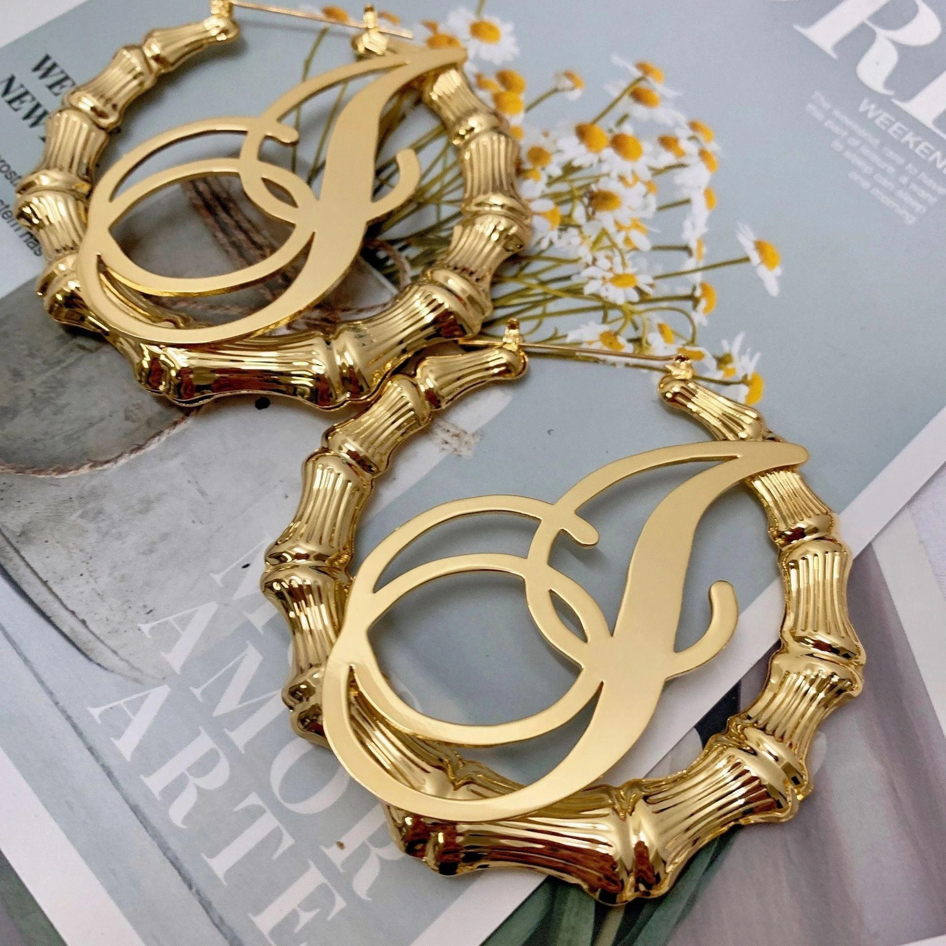Europe And The United States New DIY Letters Stainless Steel Bamboo Earrings