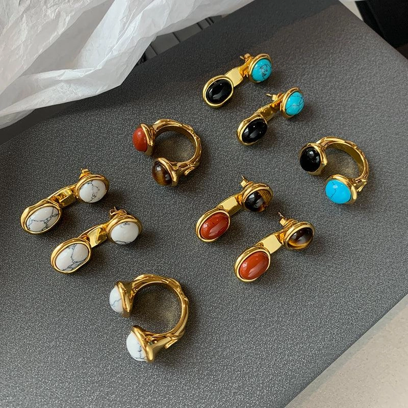 European And American Colored Natural Tiger Eye Stone Retro Earrings Female