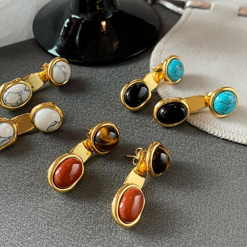 European And American Colored Natural Tiger Eye Stone Retro Earrings Female