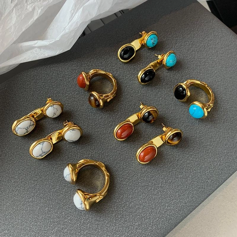 European And American Colored Natural Tiger Eye Stone Retro Earrings Female