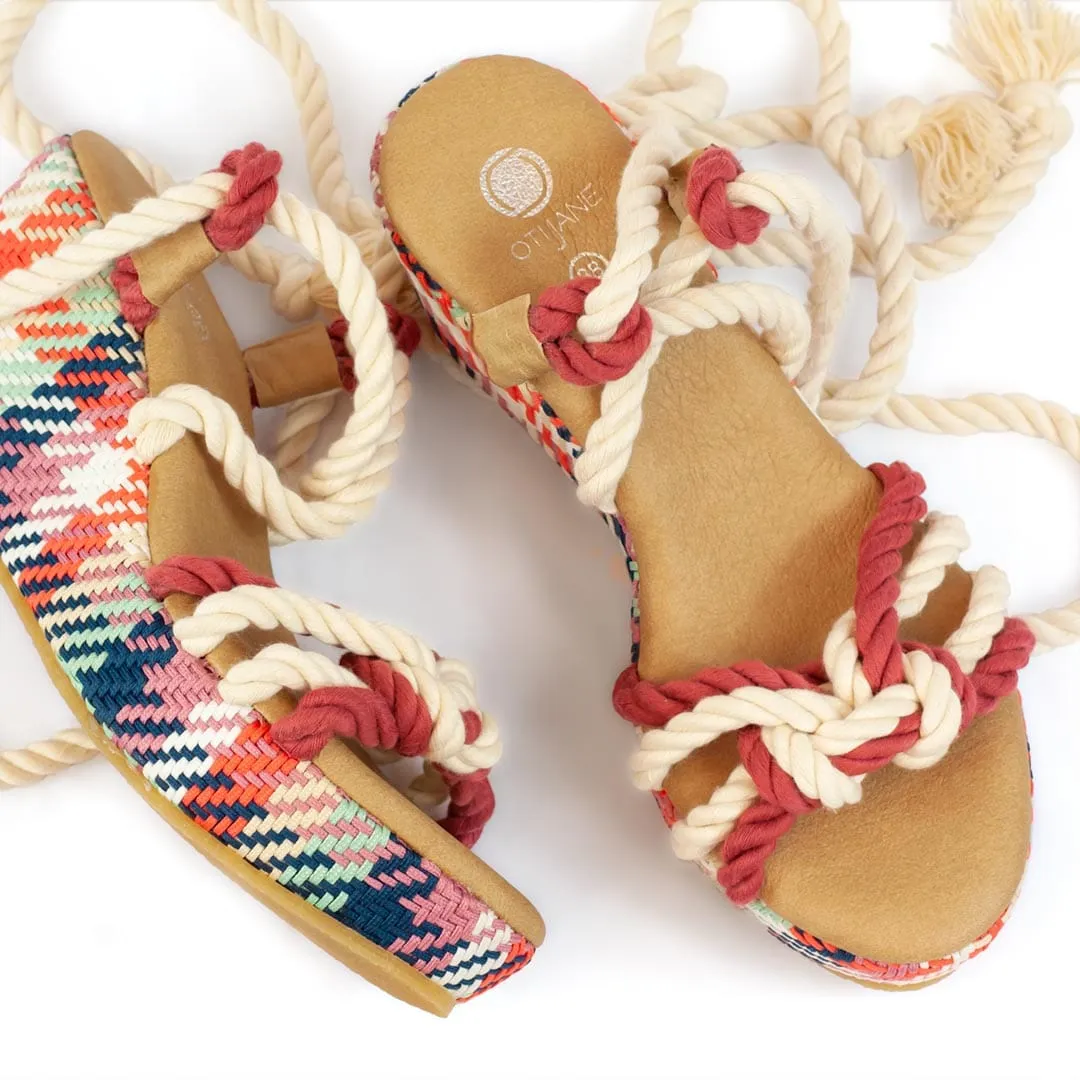Evelyn Vegan Baumwoll-Seil Keil-Sandalen | Rot