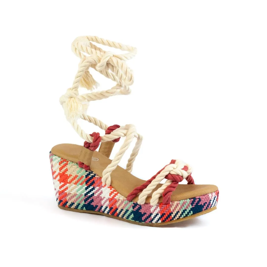 Evelyn Vegan Baumwoll-Seil Keil-Sandalen | Rot