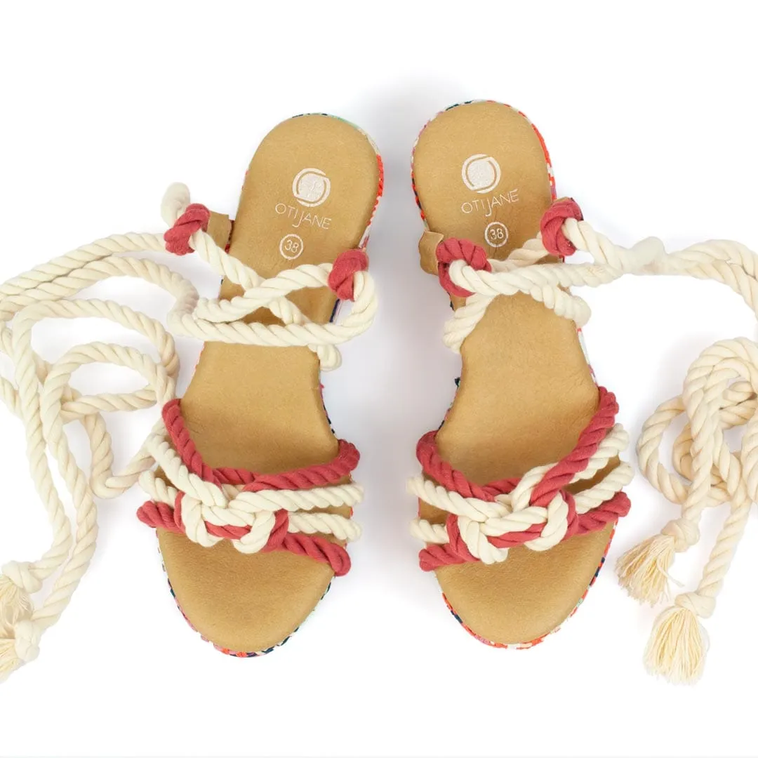 Evelyn Vegan Baumwoll-Seil Keil-Sandalen | Rot