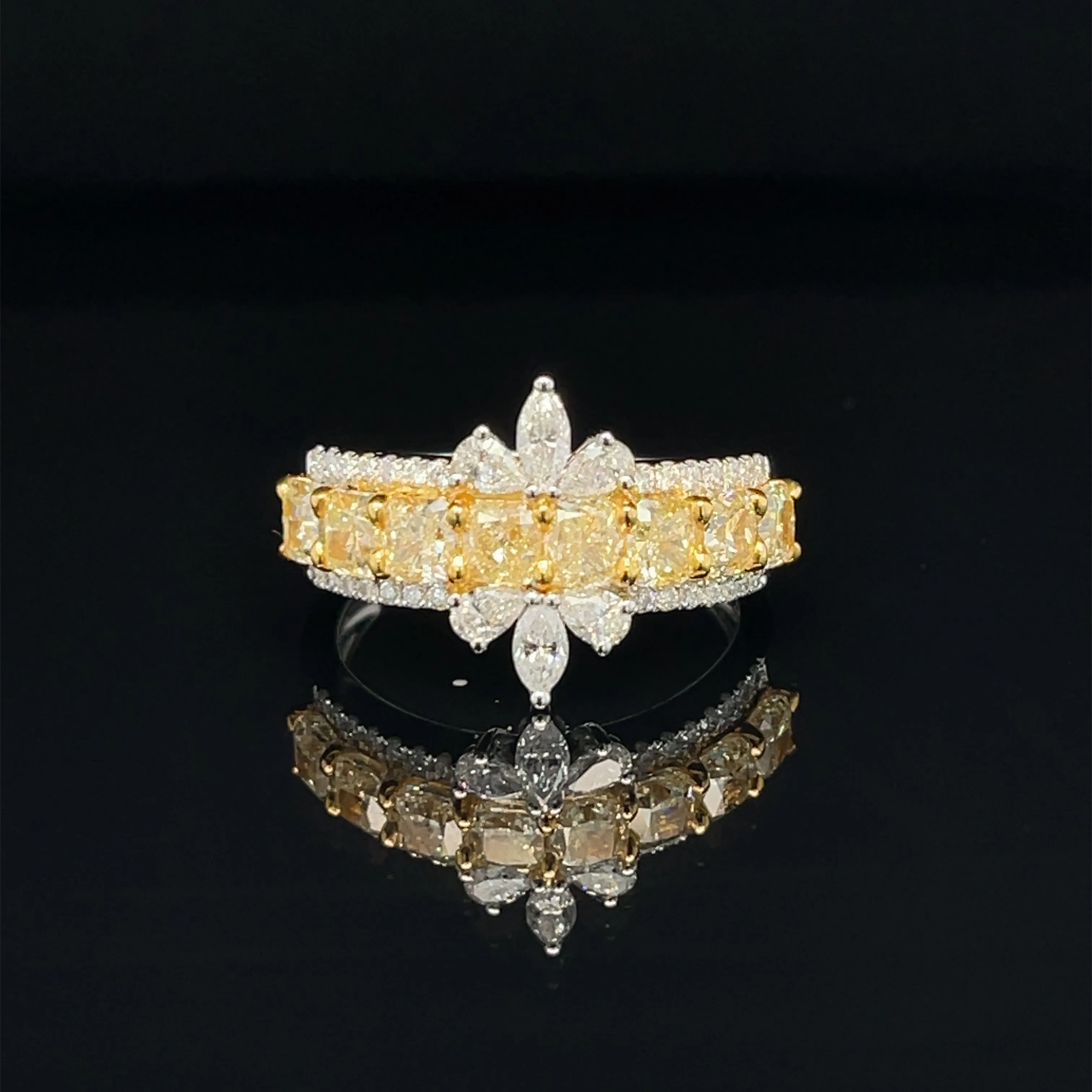 Fancy Yellow &amp; White Diamond Flower Cluster Engagement Ring in 18k Two-Tone Gold - #544 - RGDIA669308