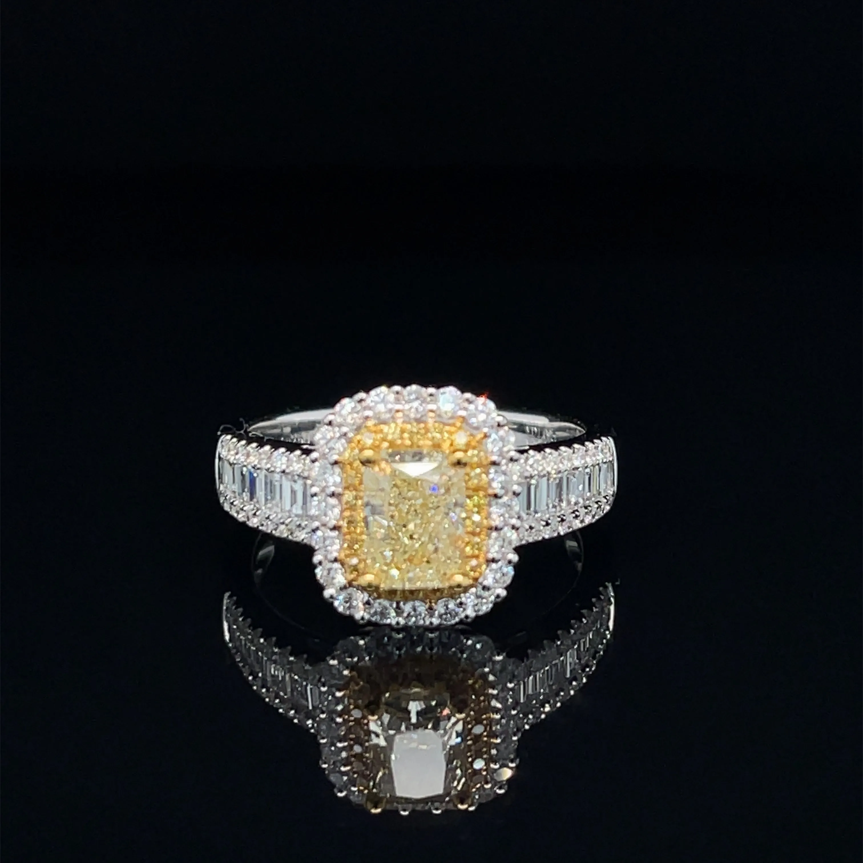 Fancy Yellow &amp; White Diamond Halo Baguette Engagement Ring - #537 - RGDIA668966