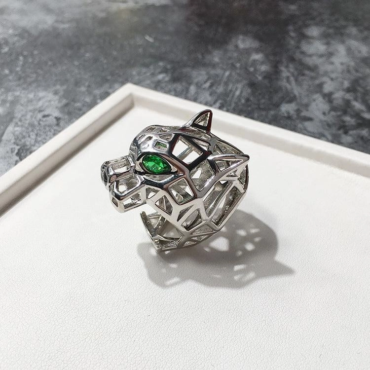 Fashionable Personality Charm Cool Hollow Green Eye Tiger And Leopard Head Ring