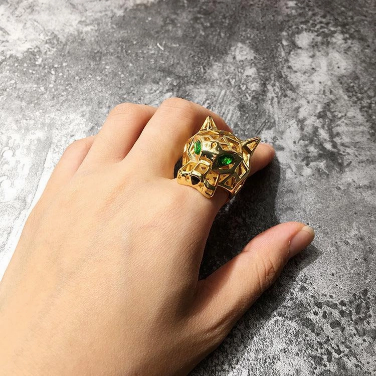 Fashionable Personality Charm Cool Hollow Green Eye Tiger And Leopard Head Ring