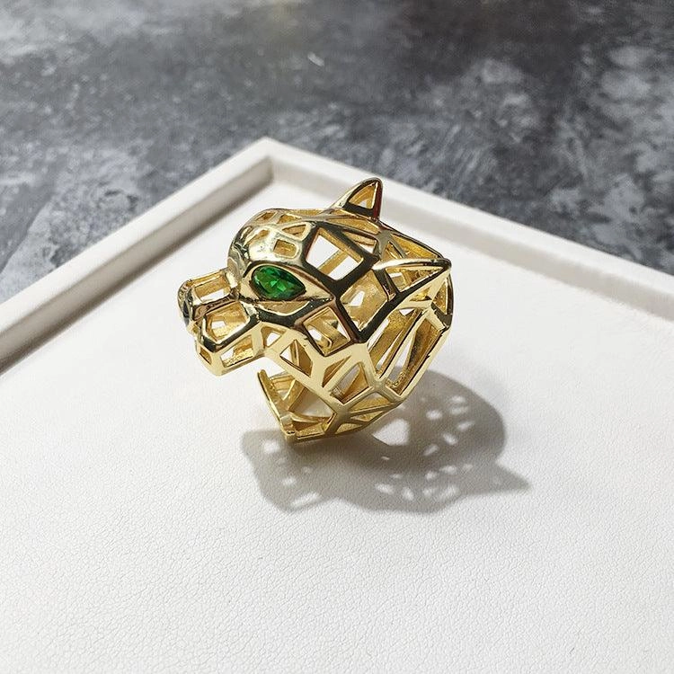 Fashionable Personality Charm Cool Hollow Green Eye Tiger And Leopard Head Ring