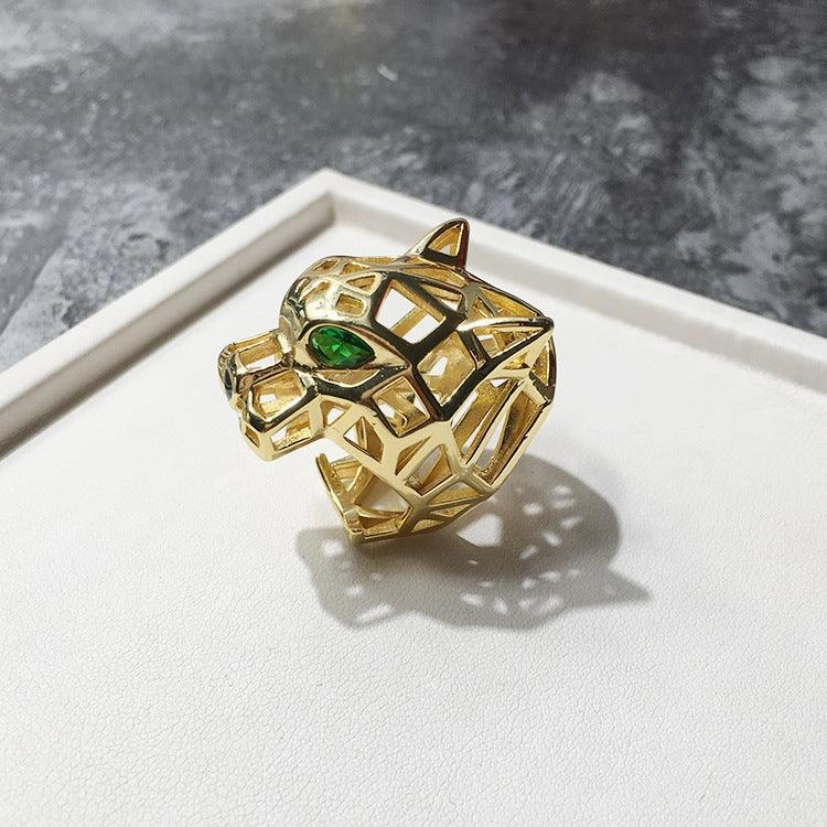 Fashionable Personality Charm Cool Hollow Green Eye Tiger And Leopard Head Ring