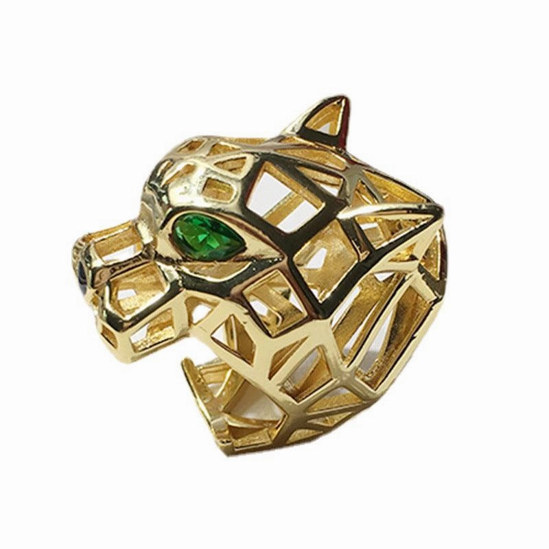 Fashionable Personality Charm Cool Hollow Green Eye Tiger And Leopard Head Ring