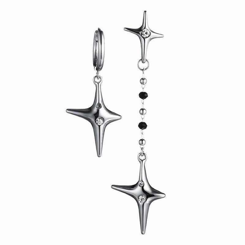 Female Minority Design Asymmetric Four Star Silver Needle Earrings