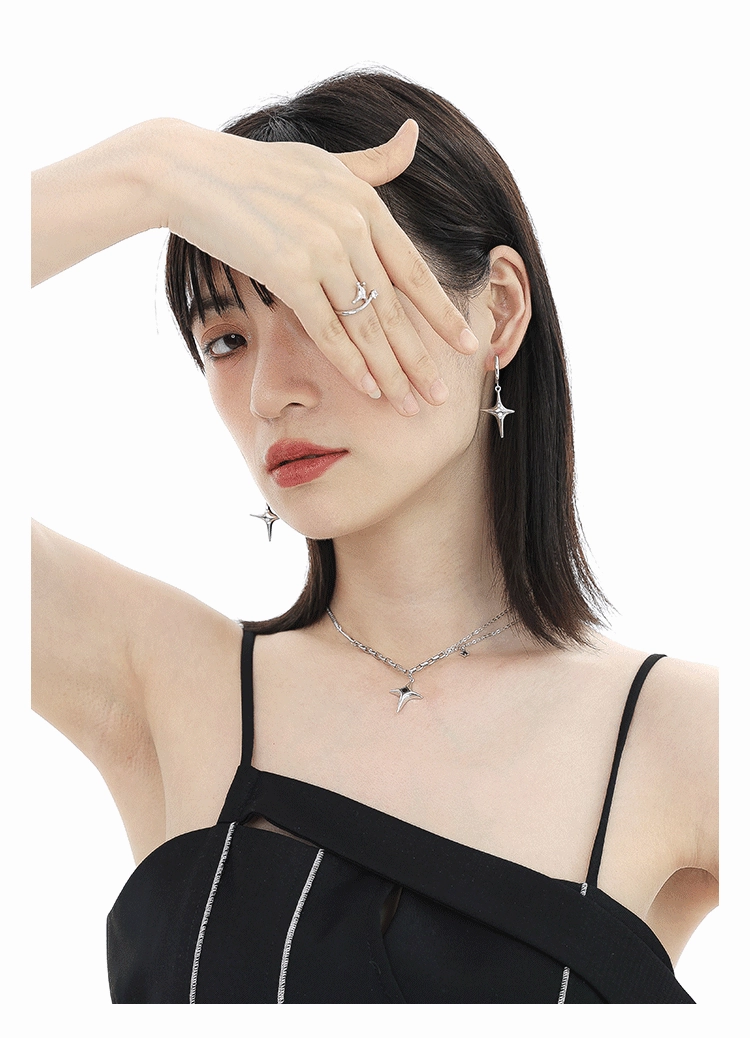 Female Minority Design Asymmetric Four Star Silver Needle Earrings