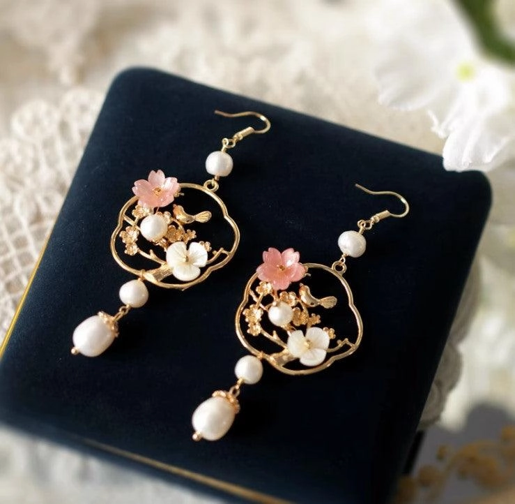 Flower And Bird Accessories Natural Pearl Long Ear Accessories