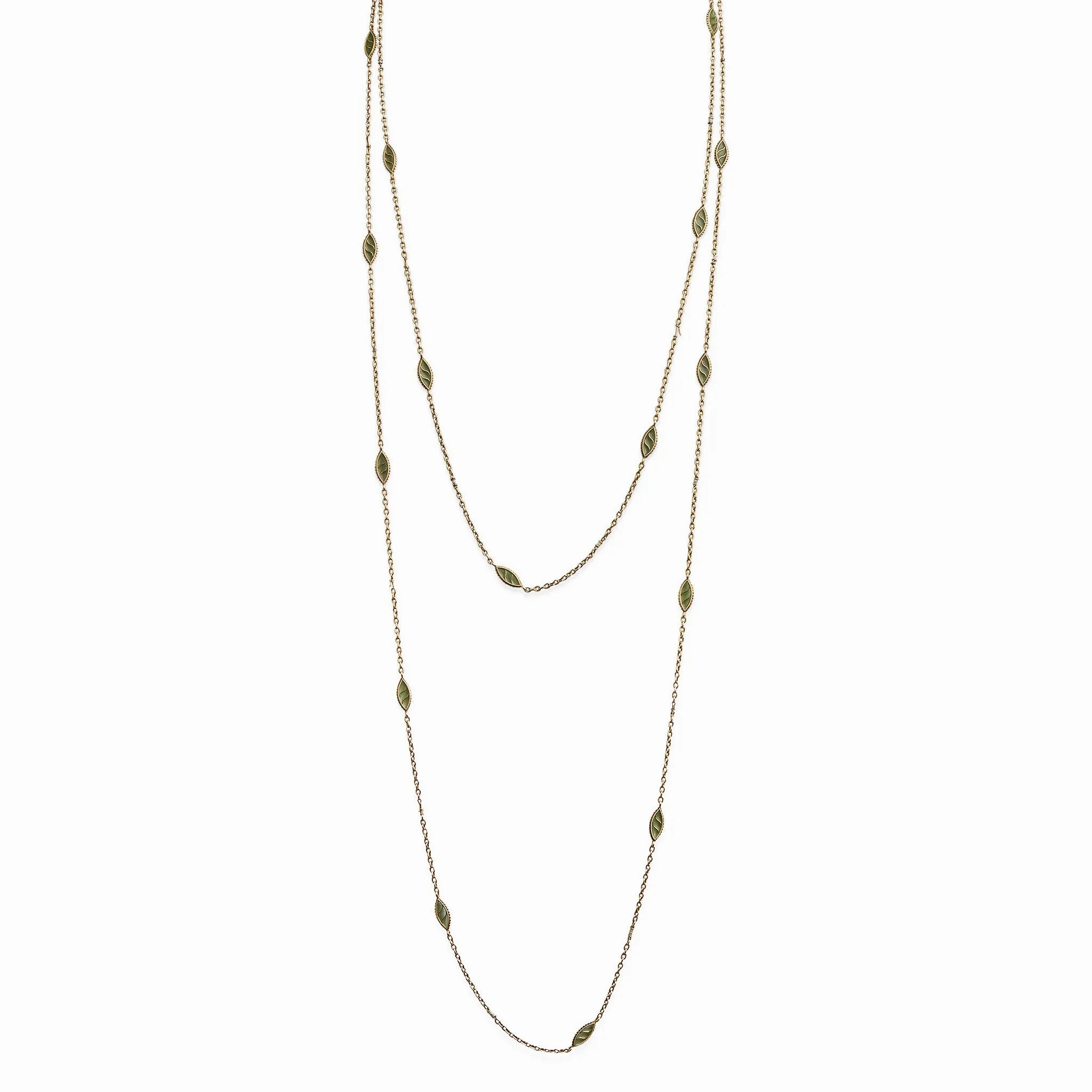 French Art Nouveau 18K Gold and Plique-??-jour Enamel Longchain Necklace