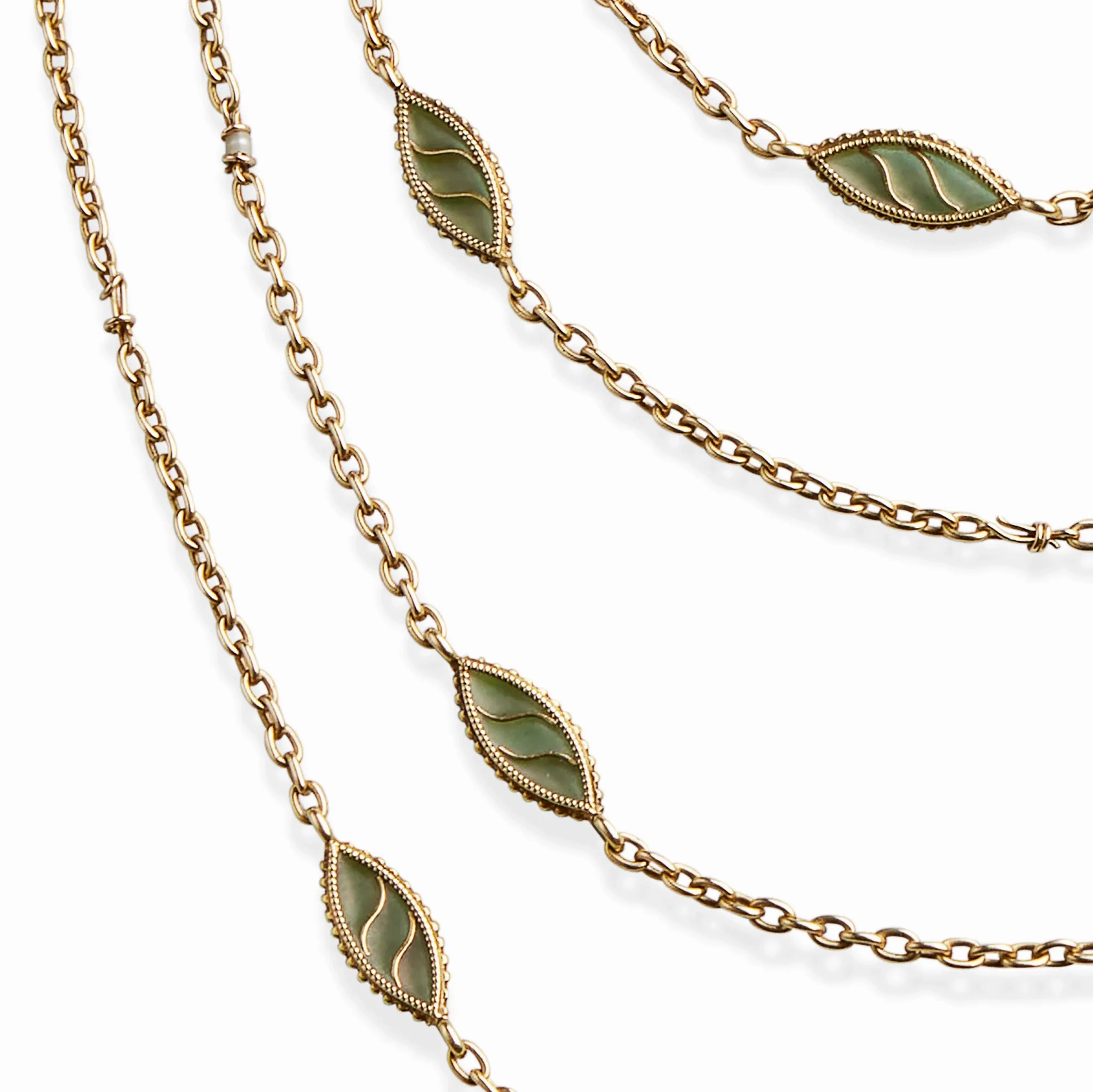 French Art Nouveau 18K Gold and Plique-??-jour Enamel Longchain Necklace