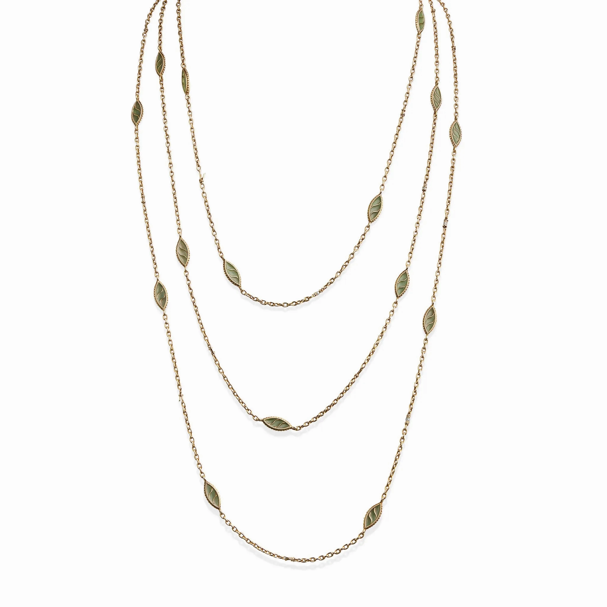 French Art Nouveau 18K Gold and Plique-??-jour Enamel Longchain Necklace