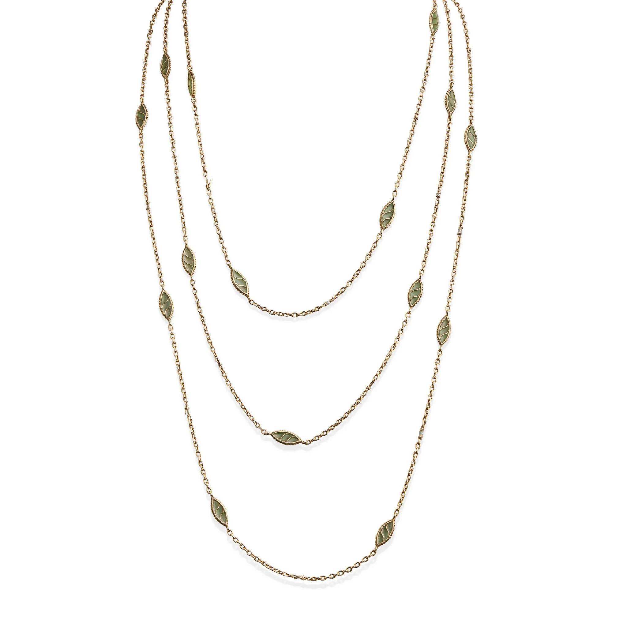 French Art Nouveau 18K Gold and Plique-??-jour Enamel Longchain Necklace