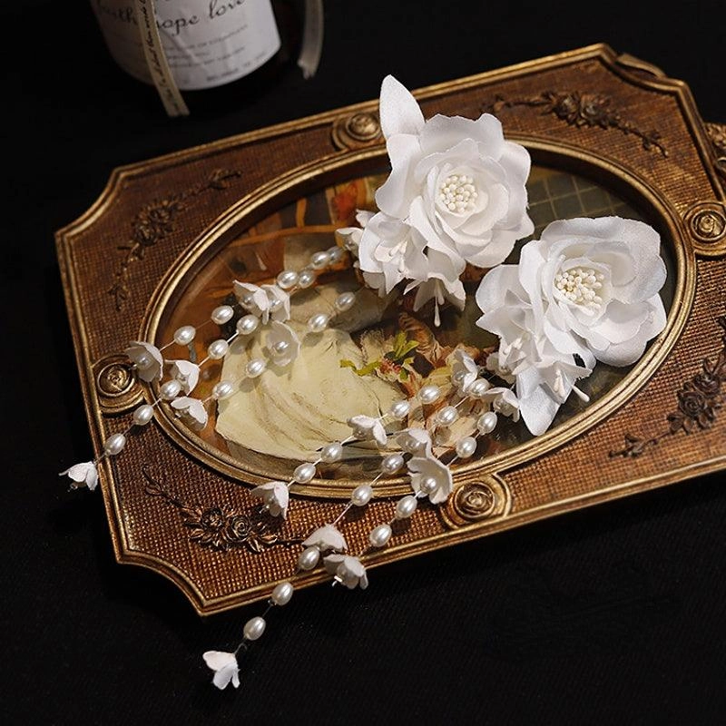 French Satin Three-dimensional Camellia Beaded Lily Of The Valley Bud Ear Clip