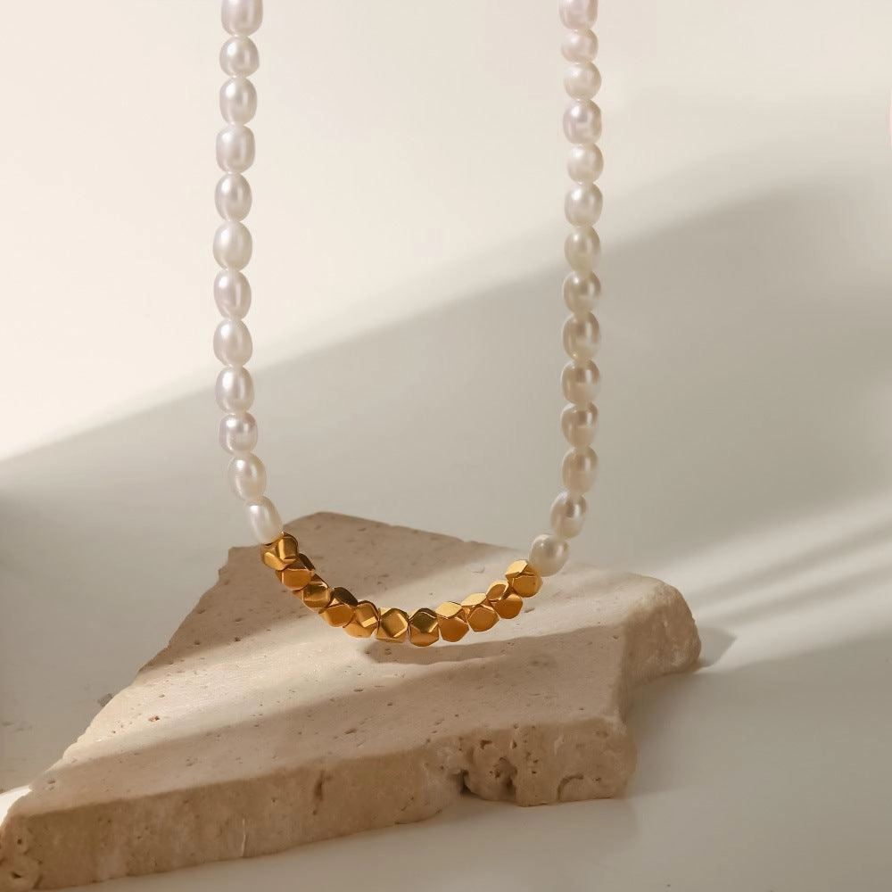 French Vintage Stainless Steel Small Gold Square Pearl Necklace
