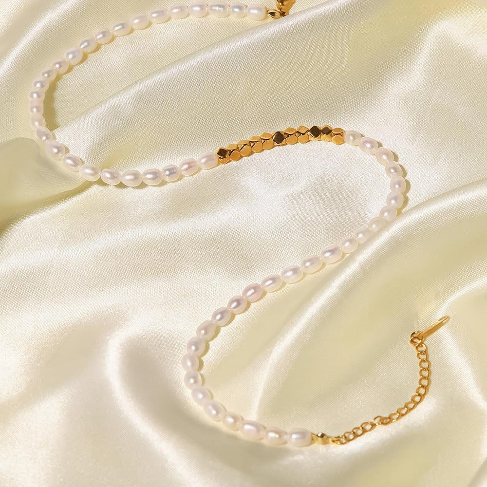 French Vintage Stainless Steel Small Gold Square Pearl Necklace