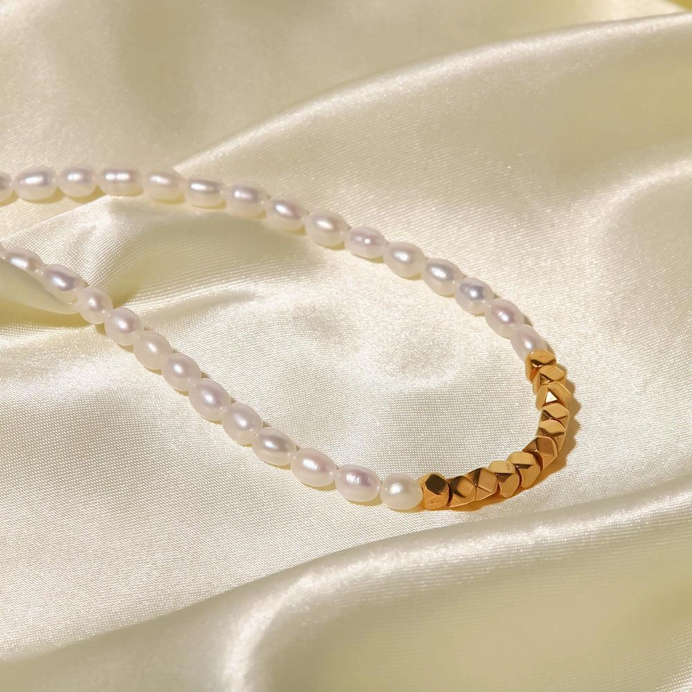 French Vintage Stainless Steel Small Gold Square Pearl Necklace