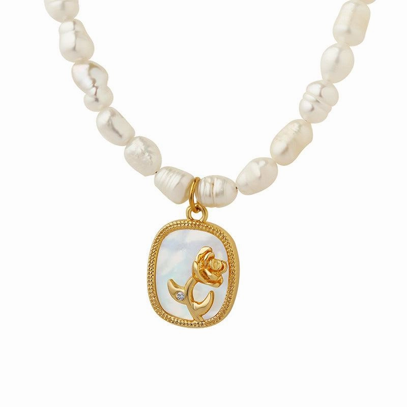 Fresh Water Pearl Chain Oval Brand Inlaid Zircon Color Shell Embossed Flower Necklace