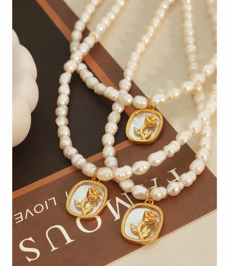 Fresh Water Pearl Chain Oval Brand Inlaid Zircon Color Shell Embossed Flower Necklace