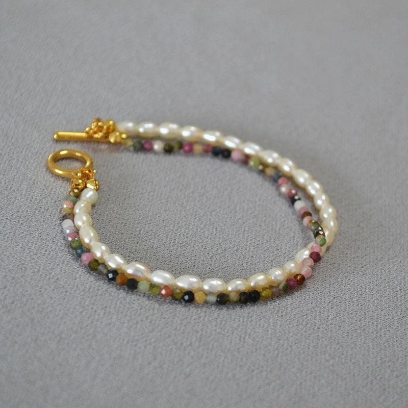 Freshwater Orzo Pearl Colorful Tourmaline Beaded Bracelet