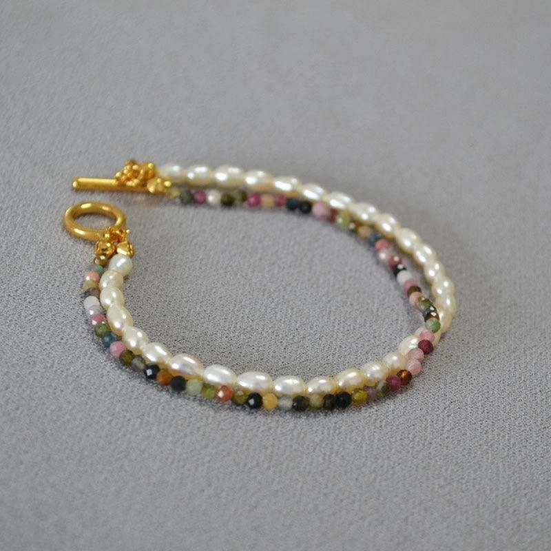 Freshwater Orzo Pearl Colorful Tourmaline Beaded Bracelet