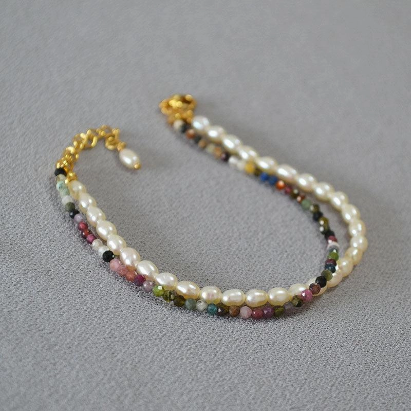 Freshwater Orzo Pearl Colorful Tourmaline Beaded Bracelet 